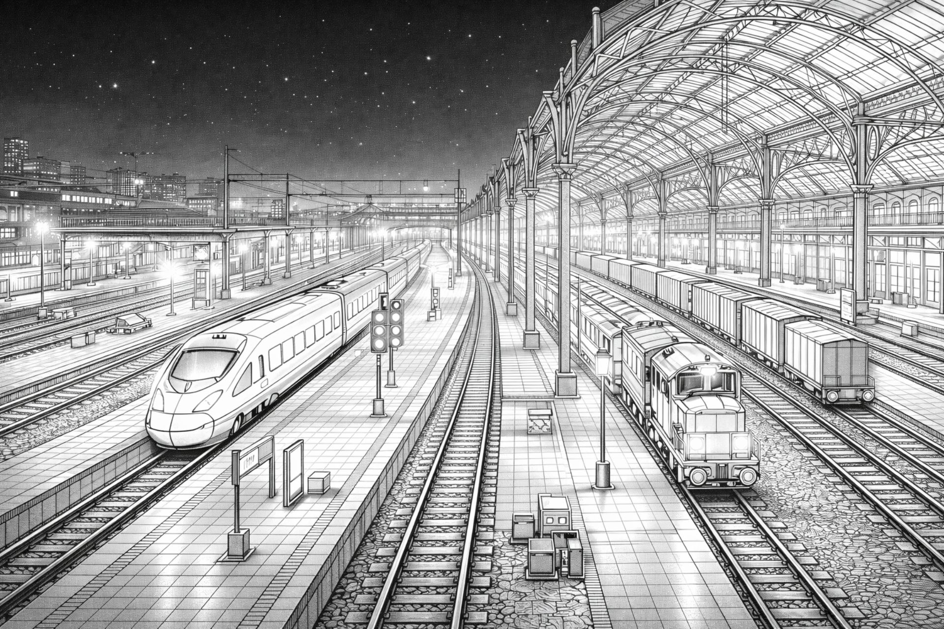 Nachtbahnhof mit Zügen – Ausmalbild für Kinder ab 11 Jahren