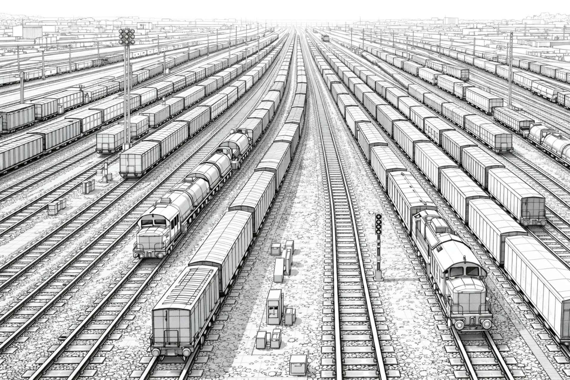 Rangierbahnhof aus der Vogelperspektive – Ausmalbild für Kinder ab 11 Jahren