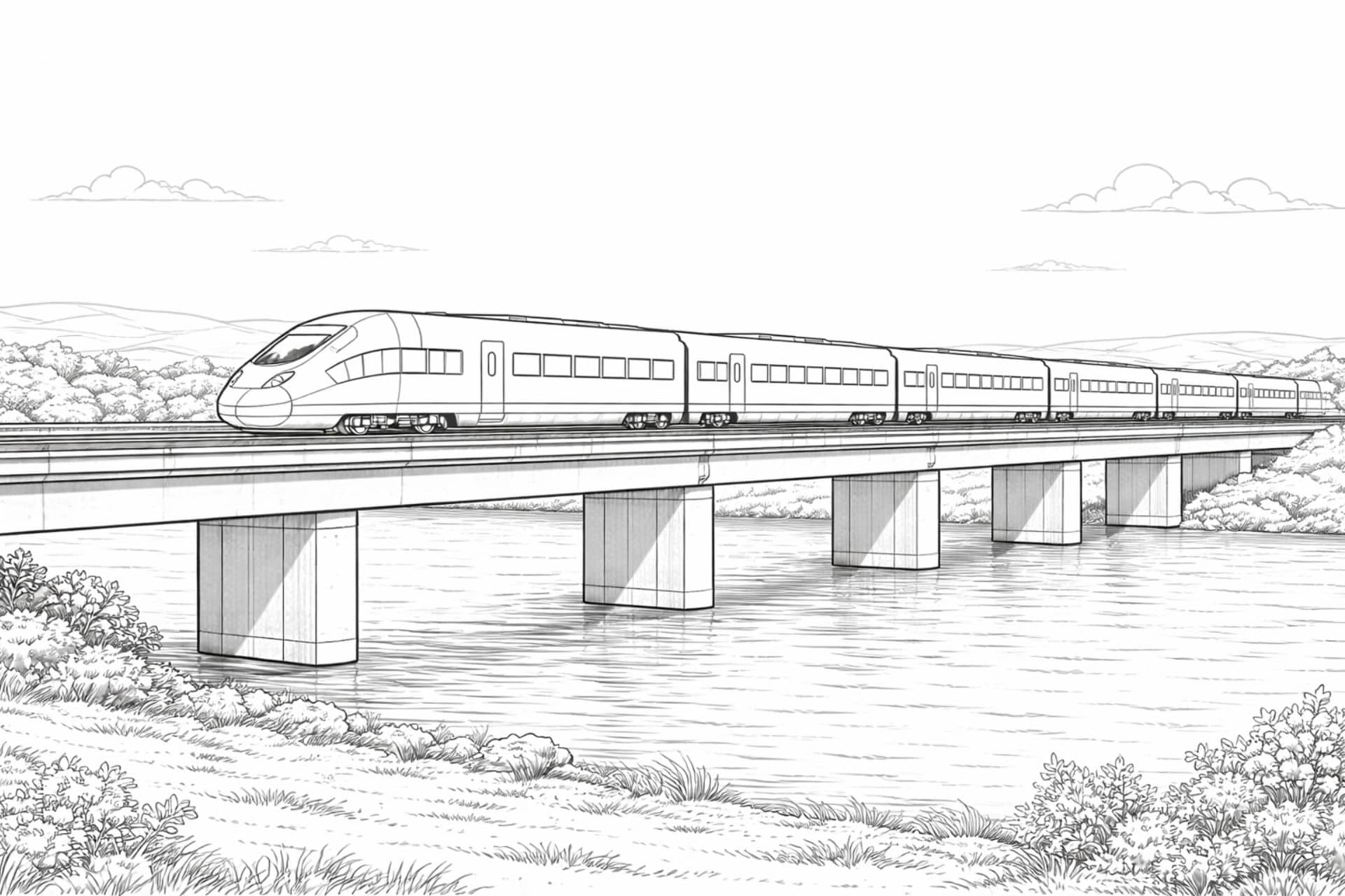 Zug auf Brücke über Fluss – Ausmalbild für Kinder ab 11 Jahren