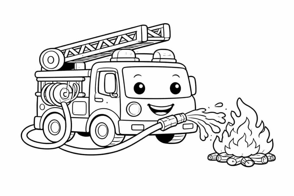Feuerwehrauto löscht Feuer – Ausmalbild für Kinder ab 4 Jahren