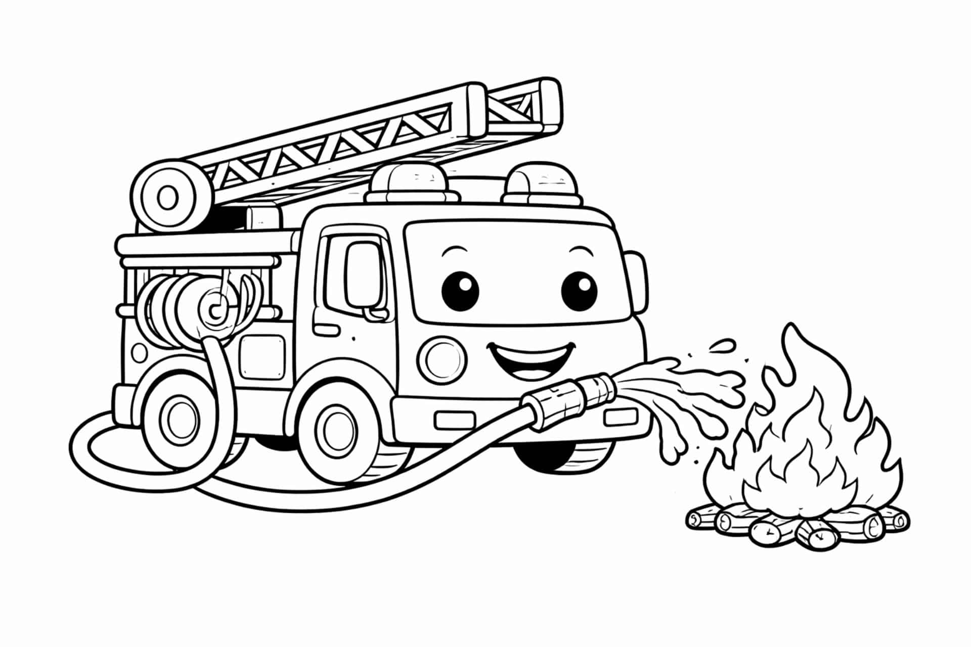 Feuerwehrauto löscht Feuer – Ausmalbild für Kinder ab 4 Jahren