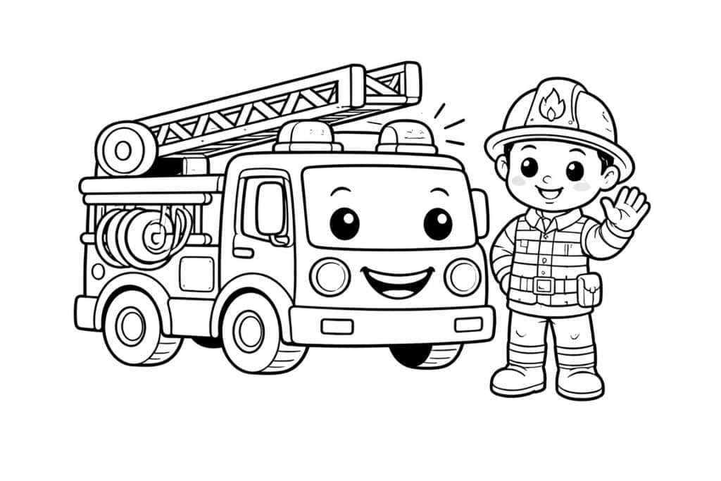 Feuerwehrauto mit Feuerwehrmann – Ausmalbild für Kinder ab 4 Jahren