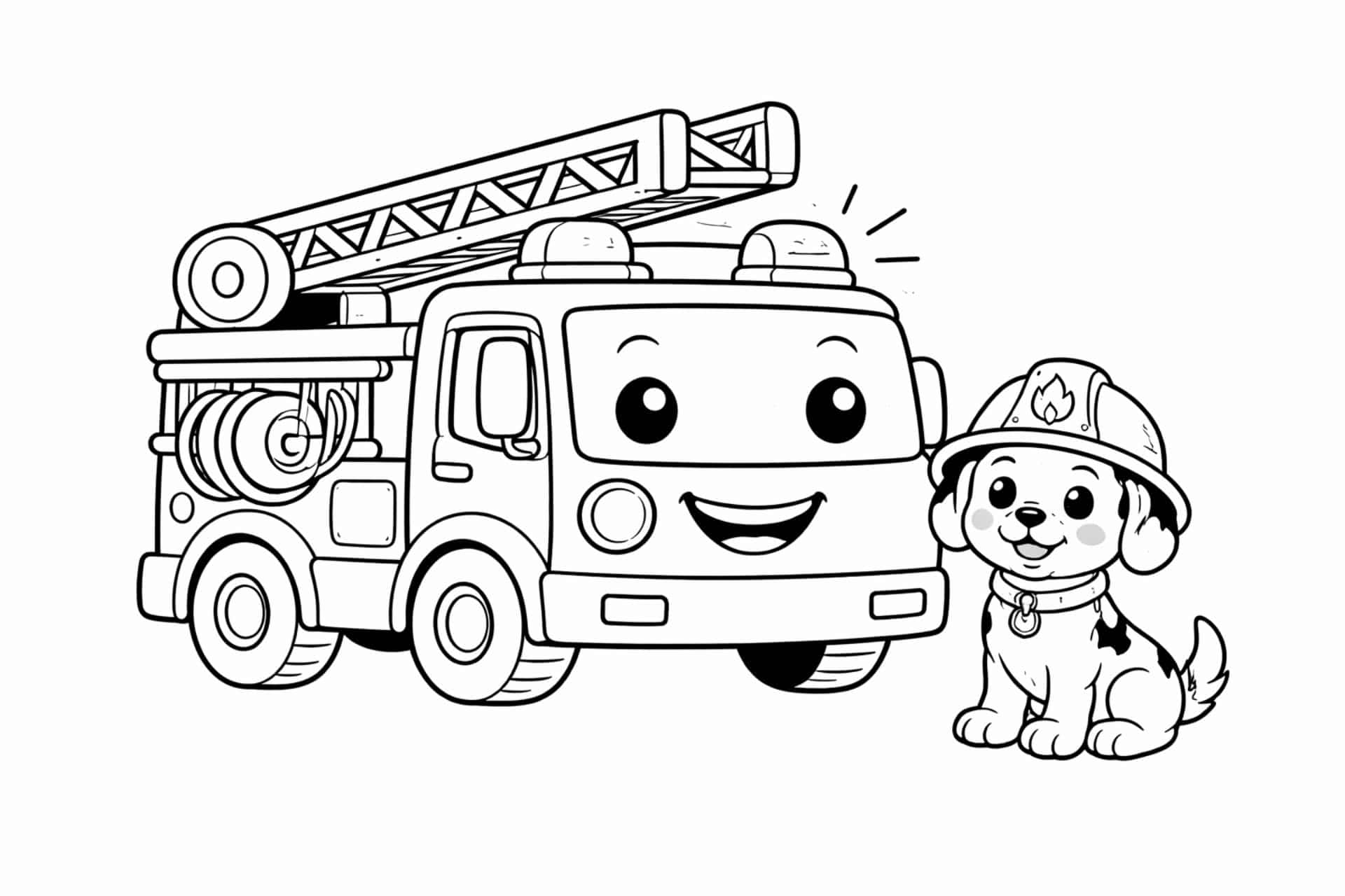 Feuerwehrfahrzeug mit Feuerwehrhund – Ausmalbild für Kinder ab 4 Jahren