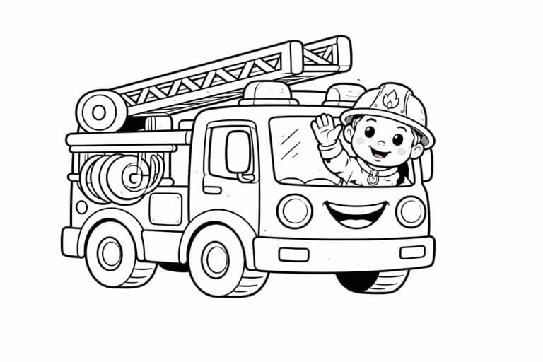 Feuerwehrmann winkt aus dem Feuerwehrauto – Ausmalbild für Kinder ab 4 Jahren