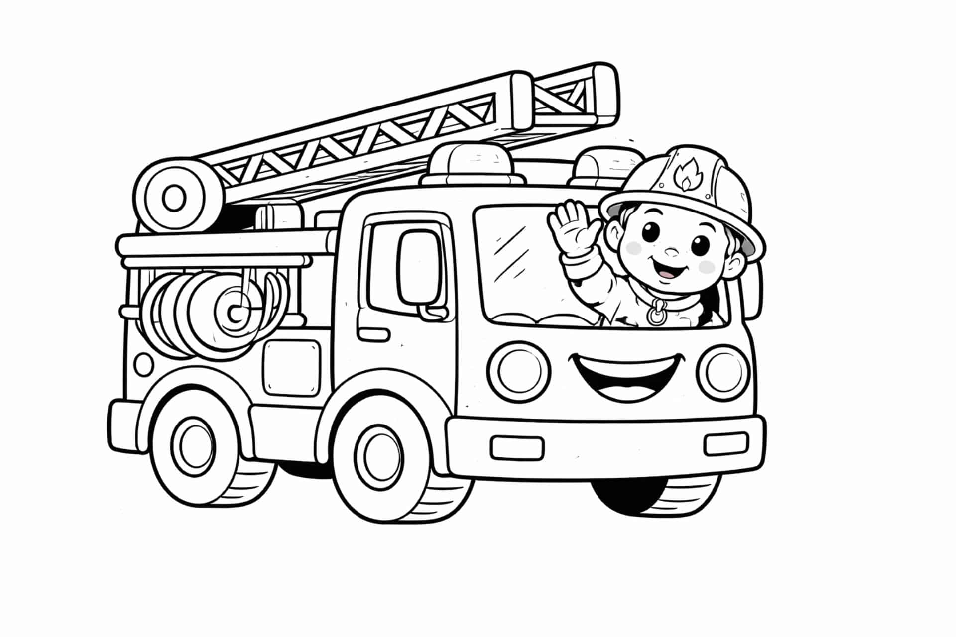 Feuerwehrmann winkt aus dem Feuerwehrauto – Ausmalbild für Kinder ab 4 Jahren