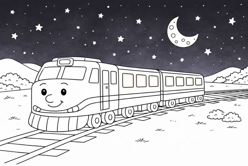 Nachtzug mit Sternenhimmel – Ausmalbild für Kinder ab 4 Jahren
