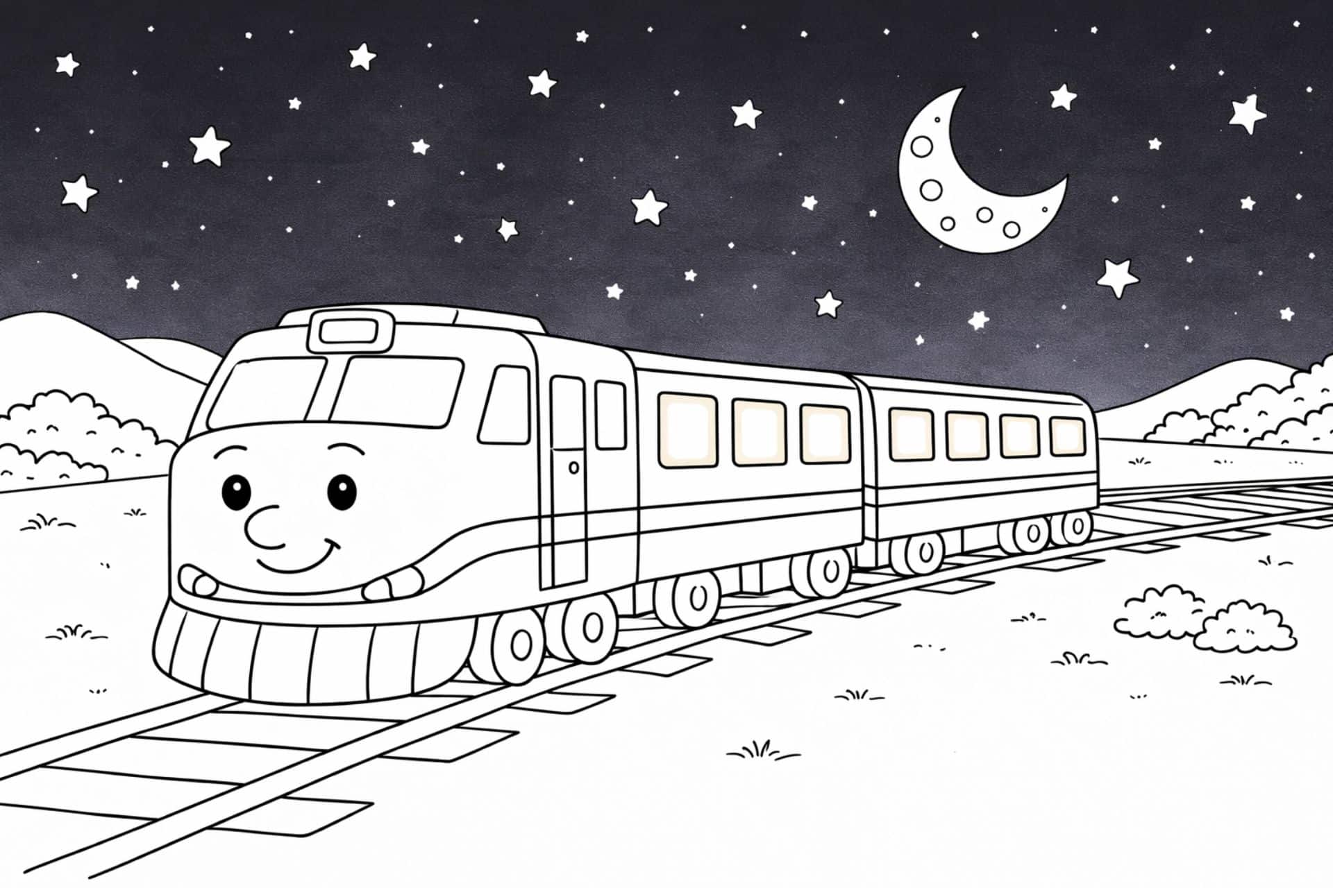 Nachtzug mit Sternenhimmel – Ausmalbild für Kinder ab 4 Jahren