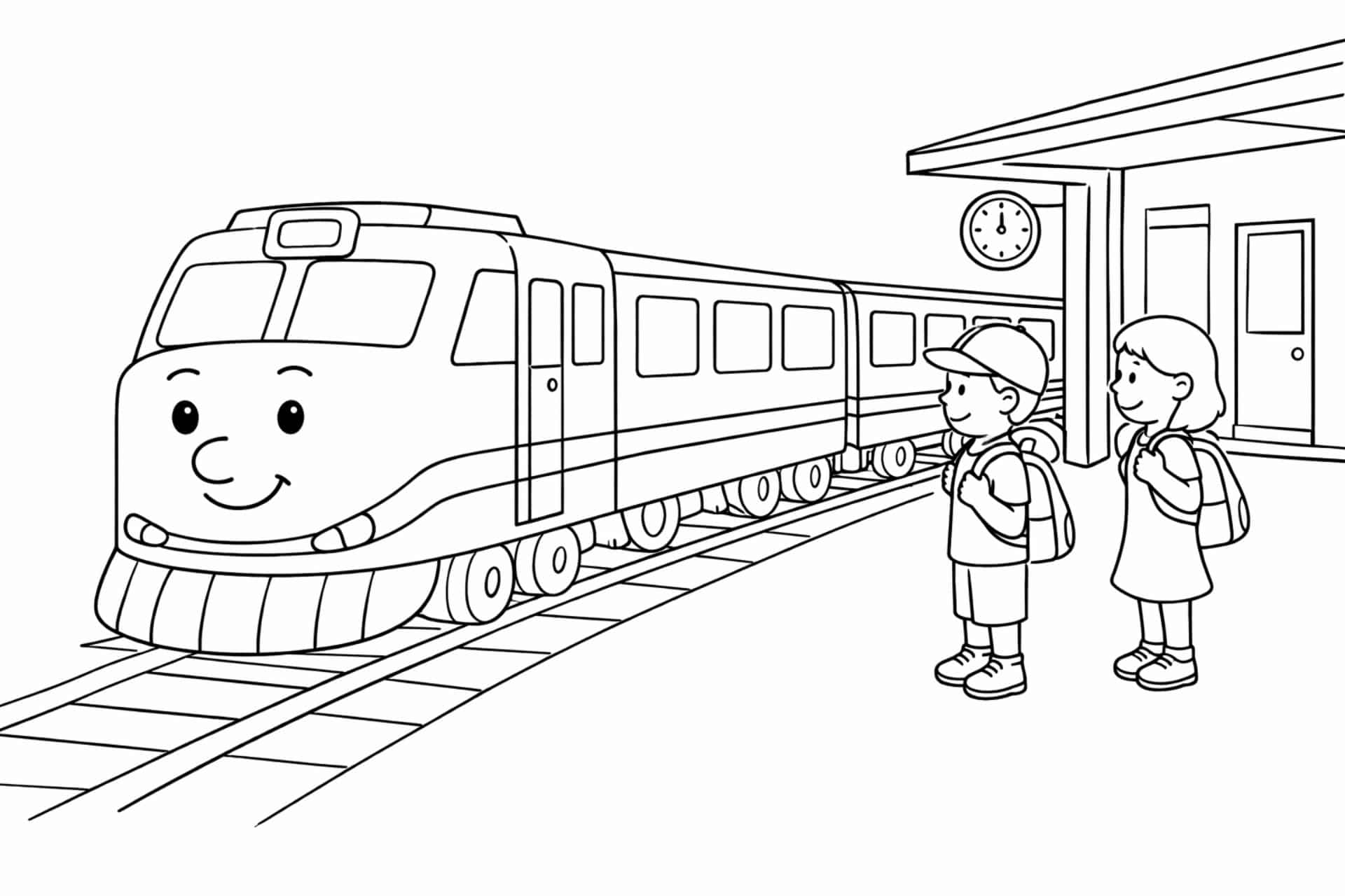 Zug am Bahnhof – Ausmalbild für Kinder ab 4 Jahren