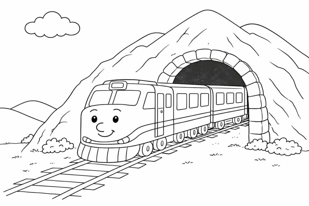Zug im Tunnel – Ausmalbild für Kinder ab 4 Jahren