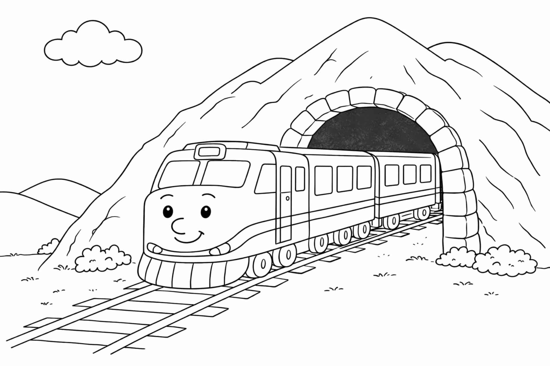 Zug im Tunnel – Ausmalbild für Kinder ab 4 Jahren