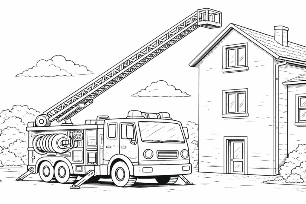 Drehleiter am Haus – Ausmalbild für Kinder ab 6 Jahren