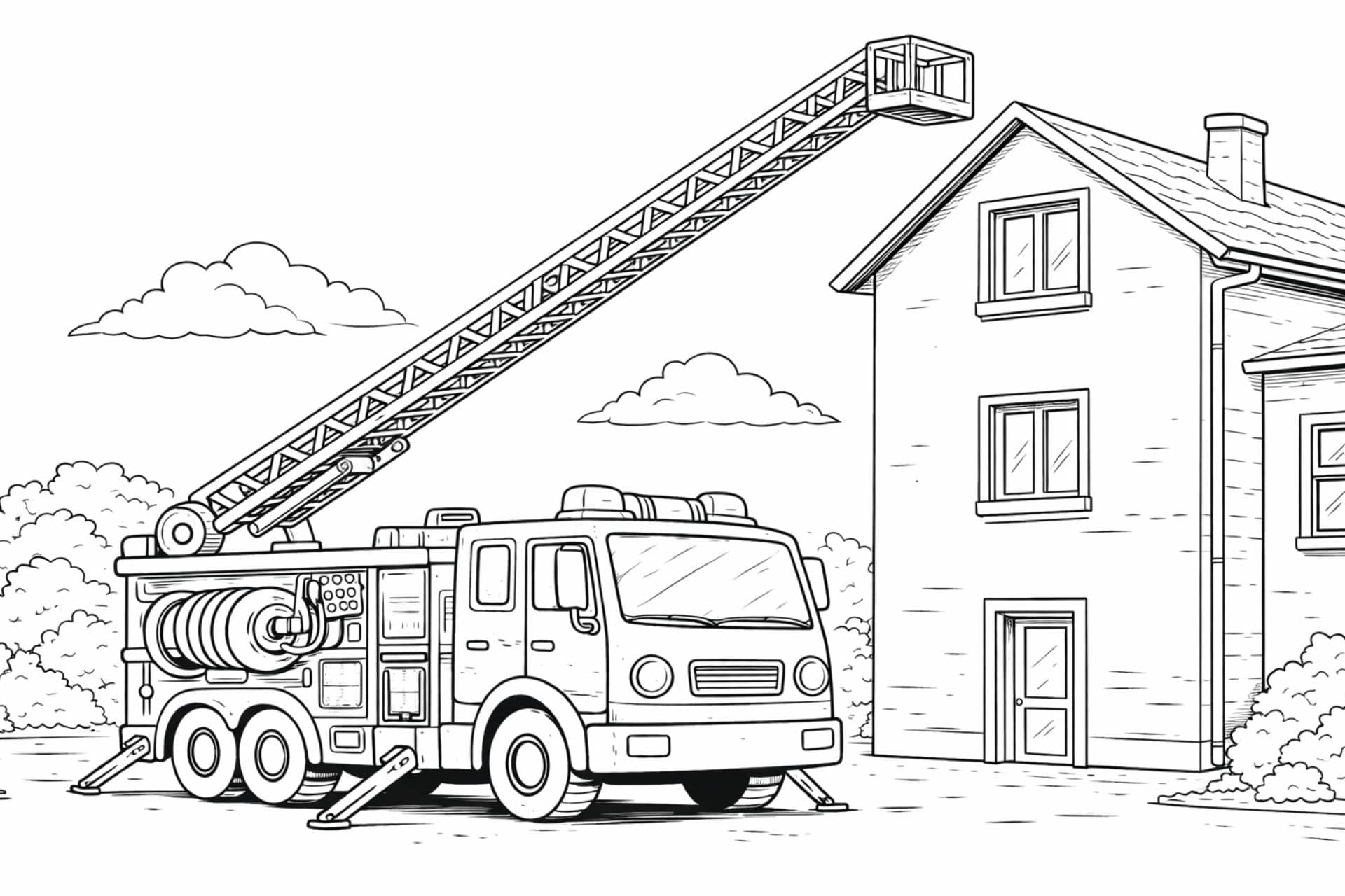 Drehleiter am Haus – Ausmalbild für Kinder ab 6 Jahren