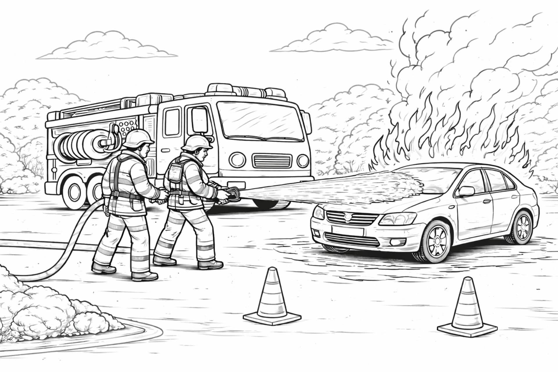 Feuerwehr löscht Auto – Ausmalbild für Kinder ab 6 Jahren
