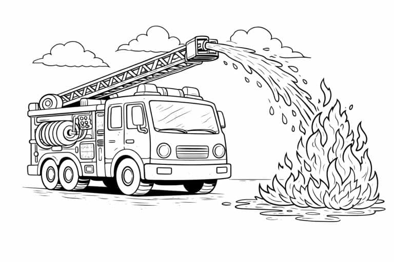Feuerwehrauto im Einsatz – Ausmalbild für Kinder ab 6 Jahren