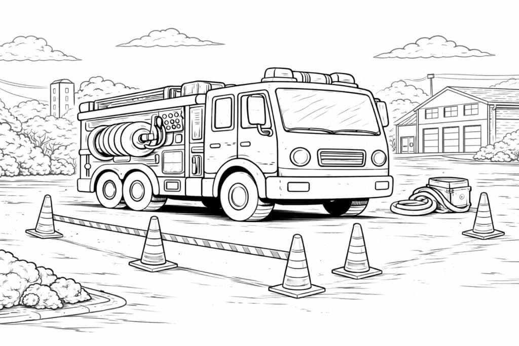 Feuerwehrfahrzeug bei der Übung – Ausmalbild für Kinder ab 6 Jahren