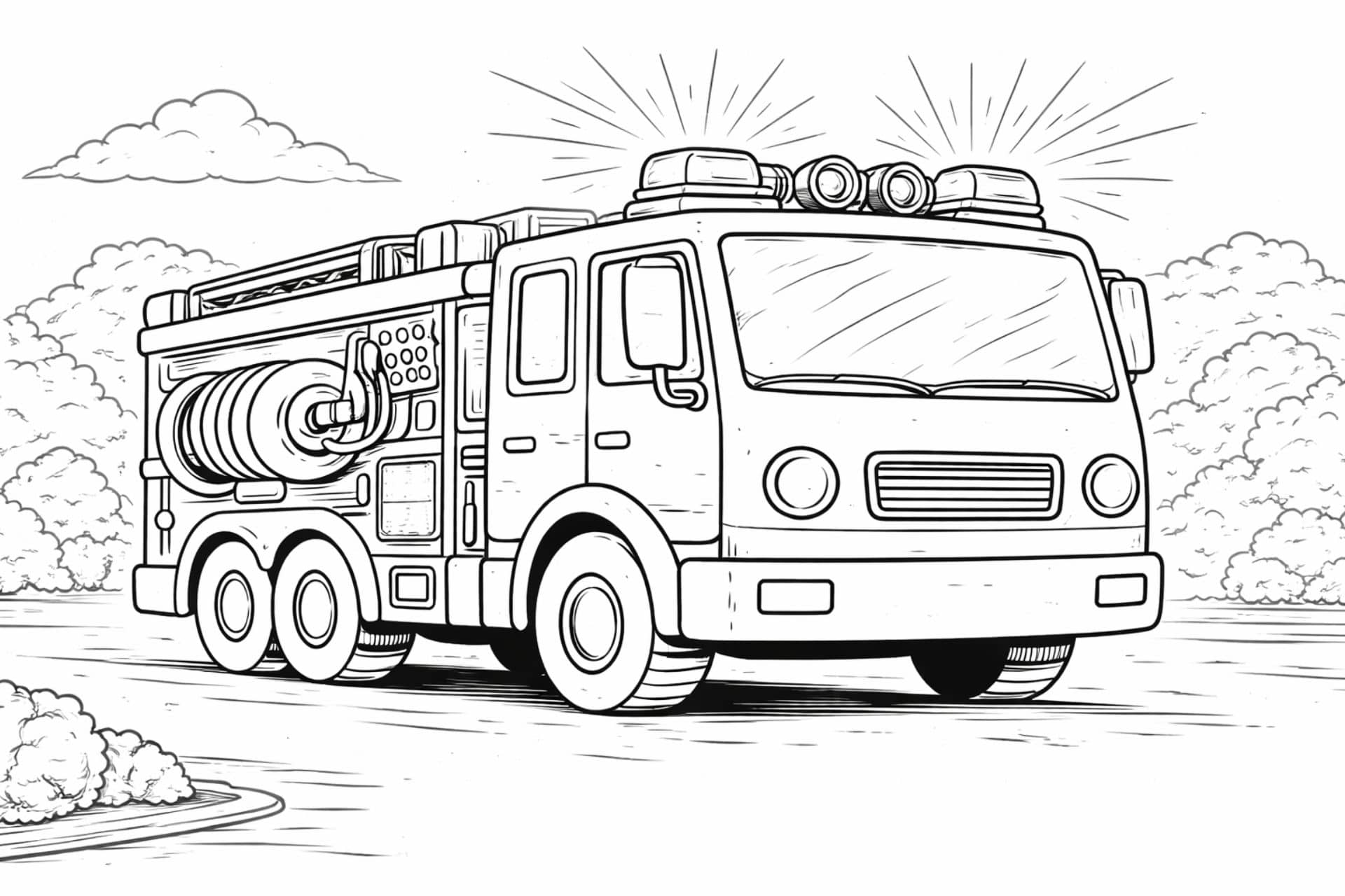 Feuerwehrfahrzeug mit Blaulicht – Ausmalbild für Kinder ab 6 Jahren