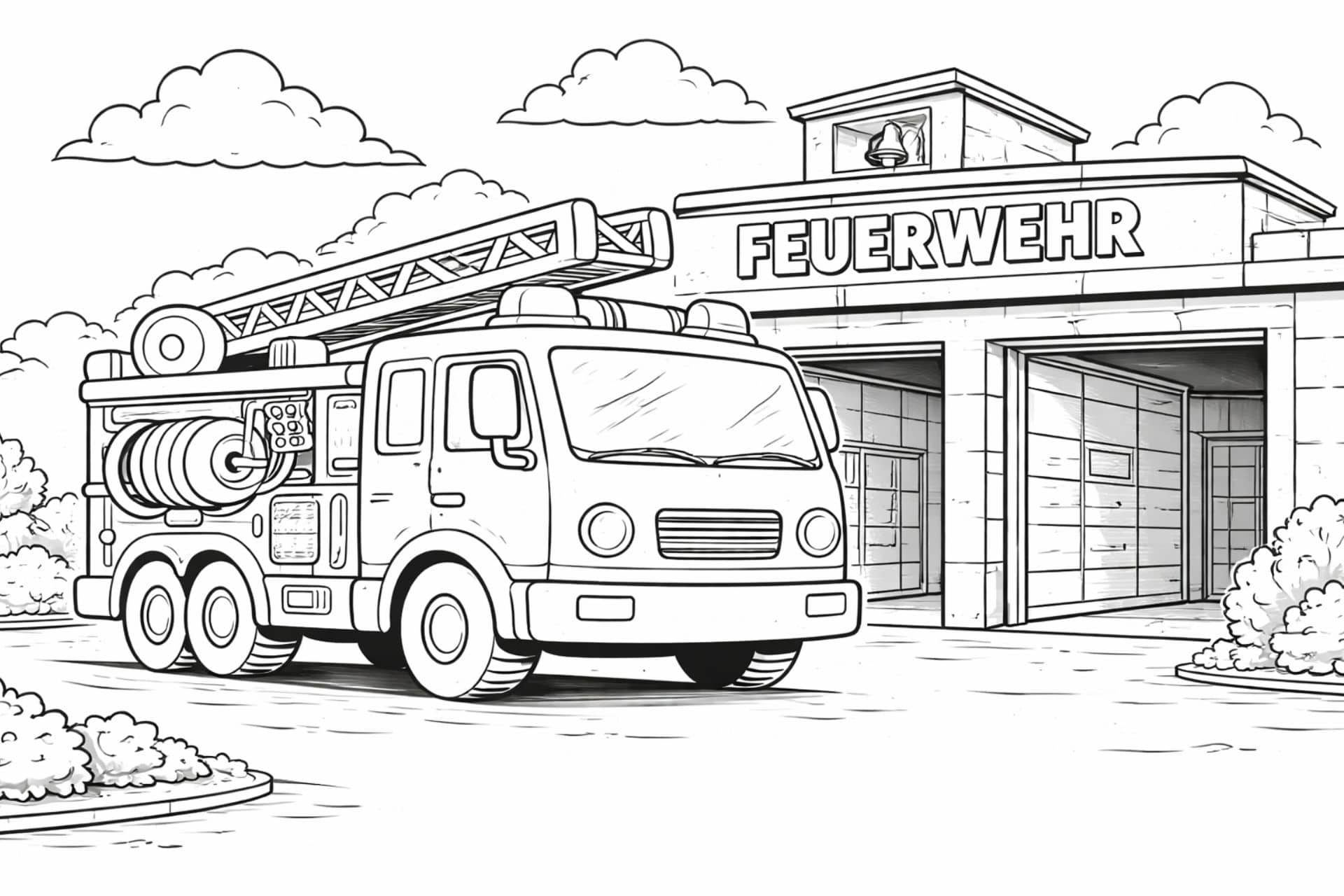 Feuerwehrfahrzeug vor der Feuerwache – Ausmalbild für Kinder ab 6 Jahren