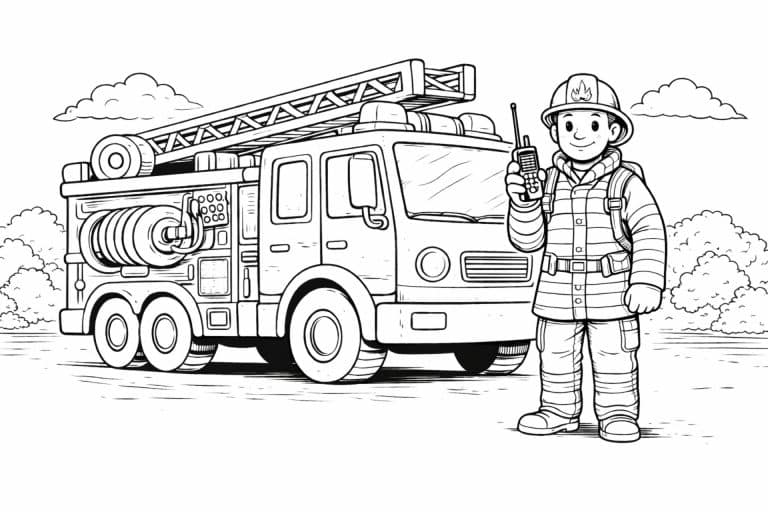 Feuerwehrmann mit Ausrüstung – Ausmalbild für Kinder ab 6 Jahren