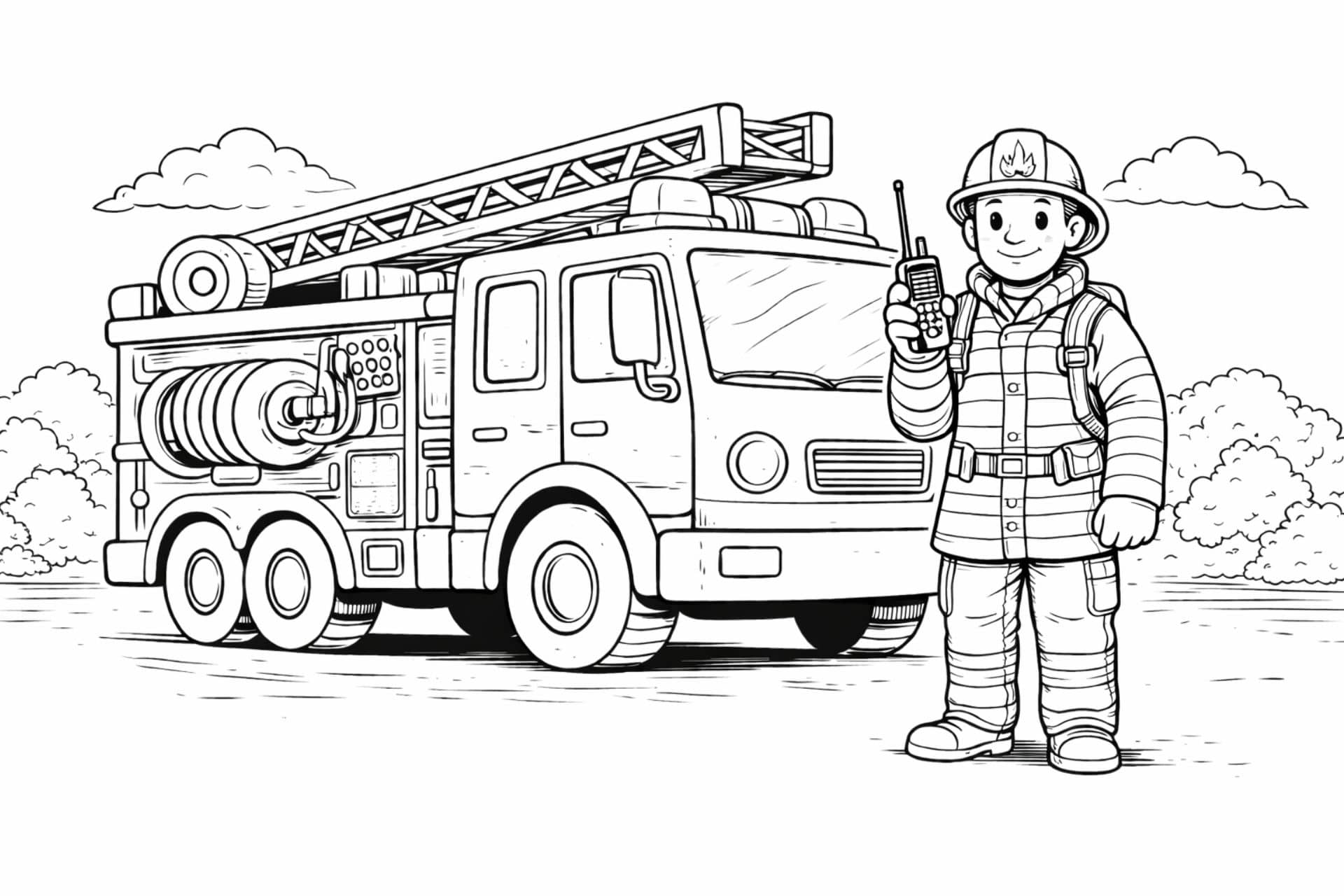 Feuerwehrmann mit Ausrüstung – Ausmalbild für Kinder ab 6 Jahren