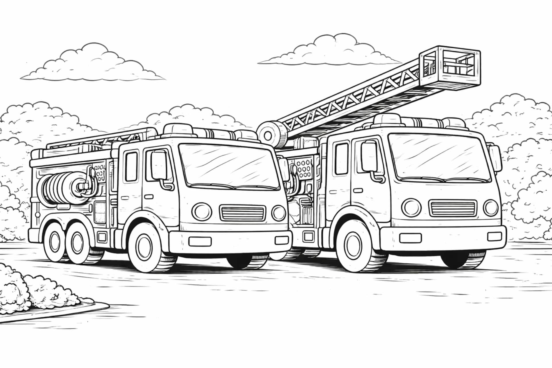 Zwei Feuerwehrfahrzeuge im Einsatz – Ausmalbild für Kinder ab 6 Jahren