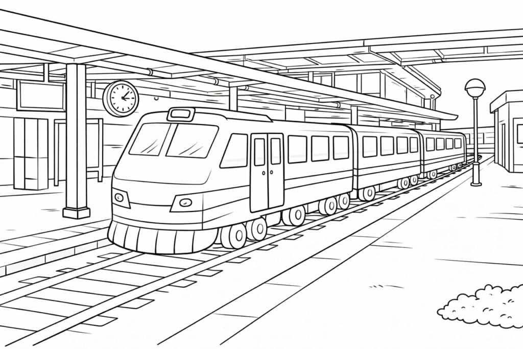 Großer Bahnhof mit Zug – Ausmalbild für Kinder ab 6 Jahren