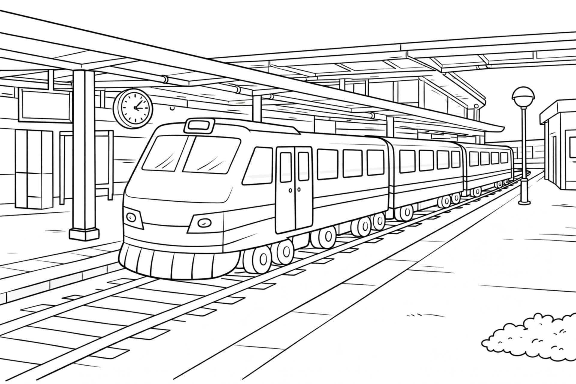 Großer Bahnhof mit Zug – Ausmalbild für Kinder ab 6 Jahren