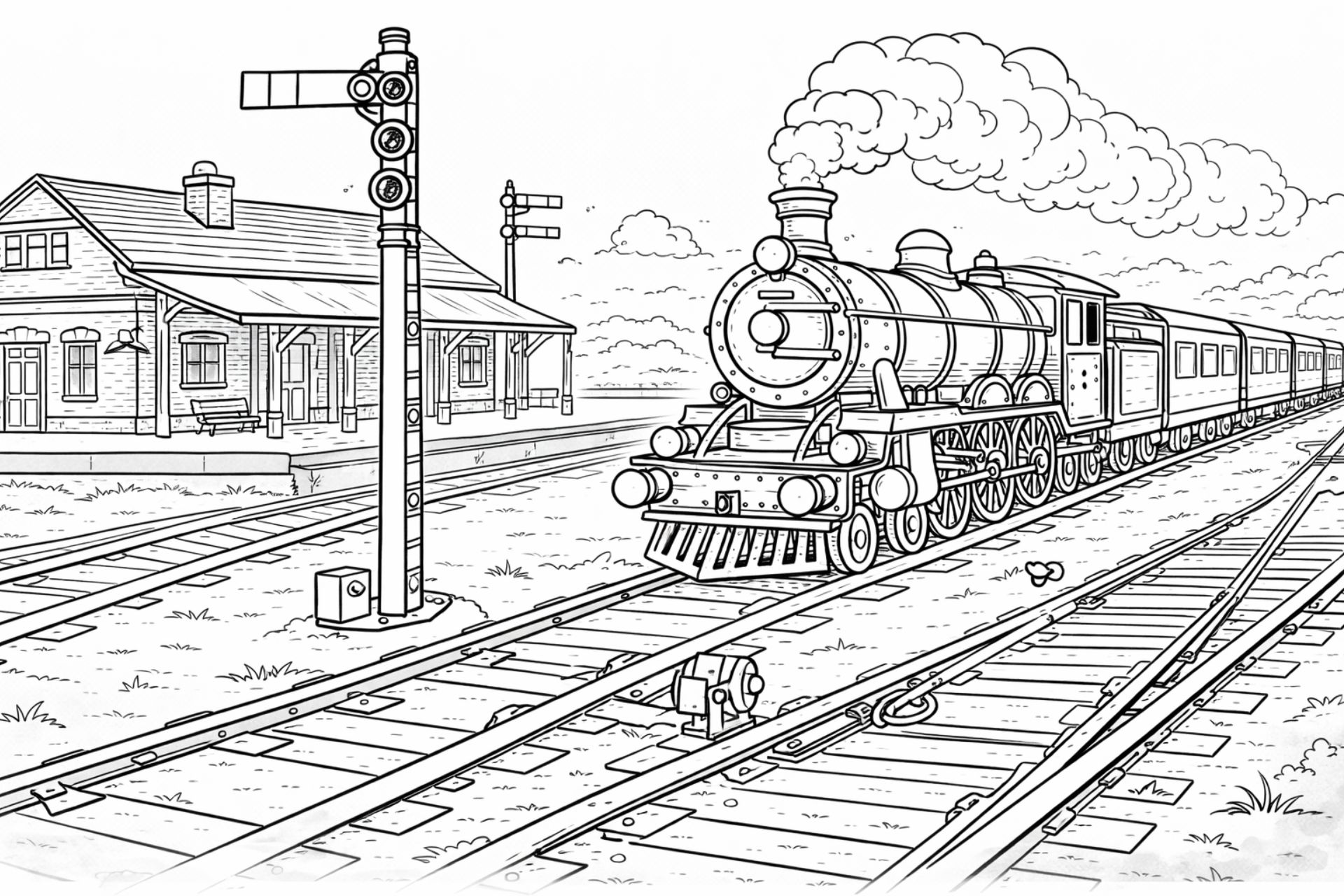 Historischer Bahnhof mit Dampflok – Ausmalbild für Kinder ab 6 Jahren