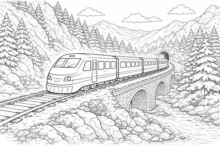 Moderner Zug in den Bergen – Ausmalbild für Kinder ab 6 Jahren