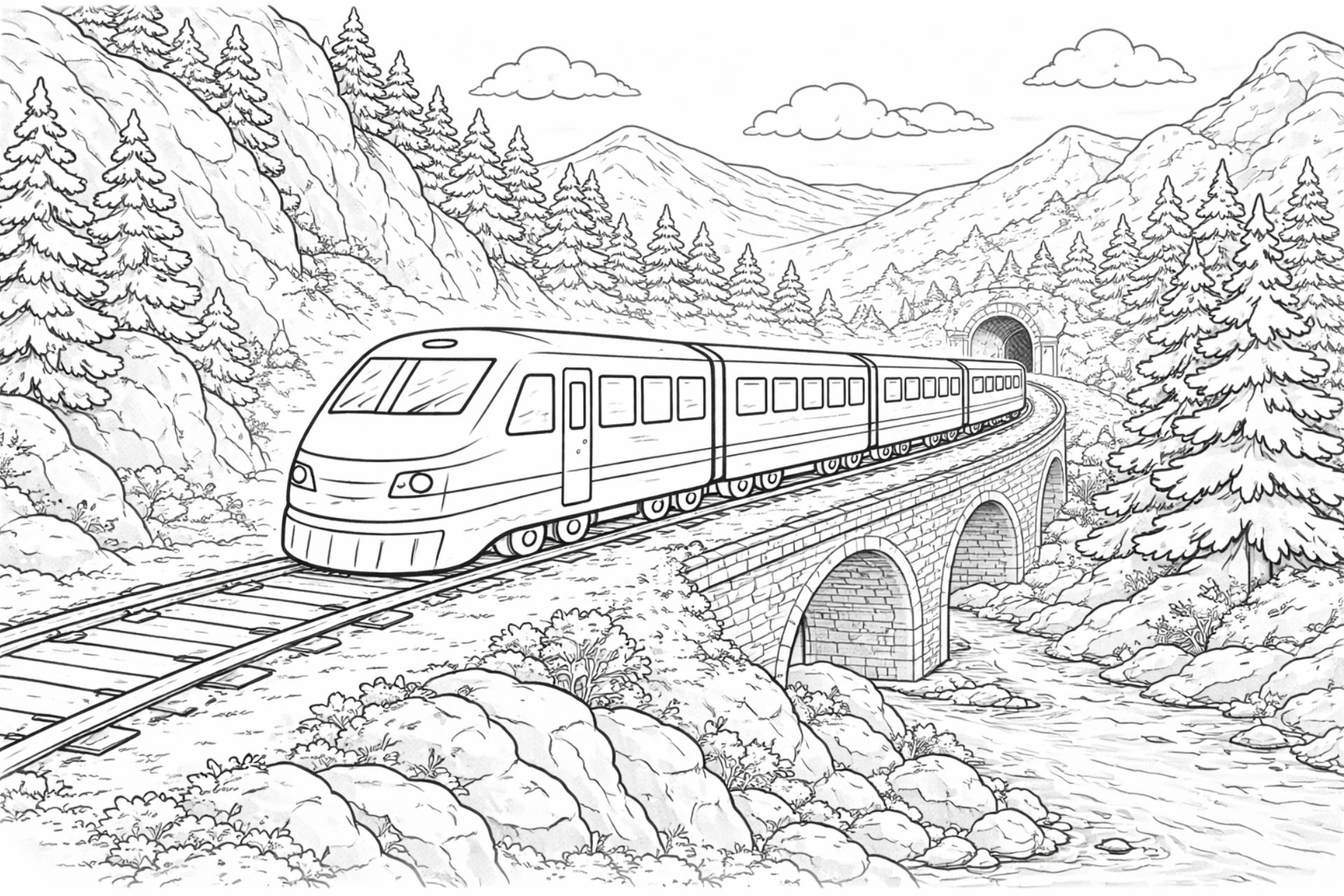 Moderner Zug in den Bergen – Ausmalbild für Kinder ab 6 Jahren