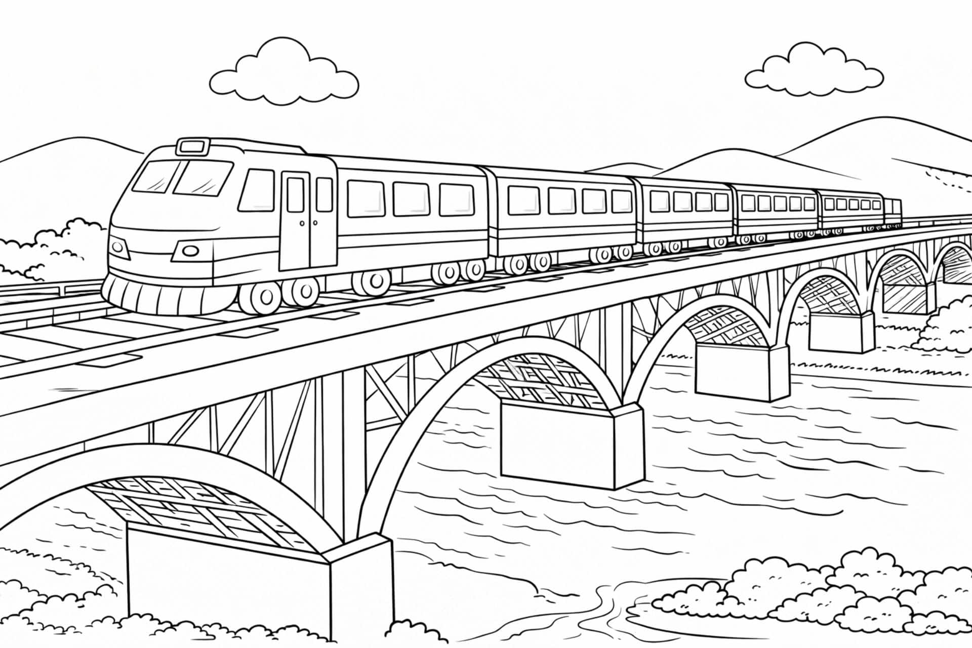 Zug auf Eisenbahnbrücke – Ausmalbild für Kinder ab 6 Jahren