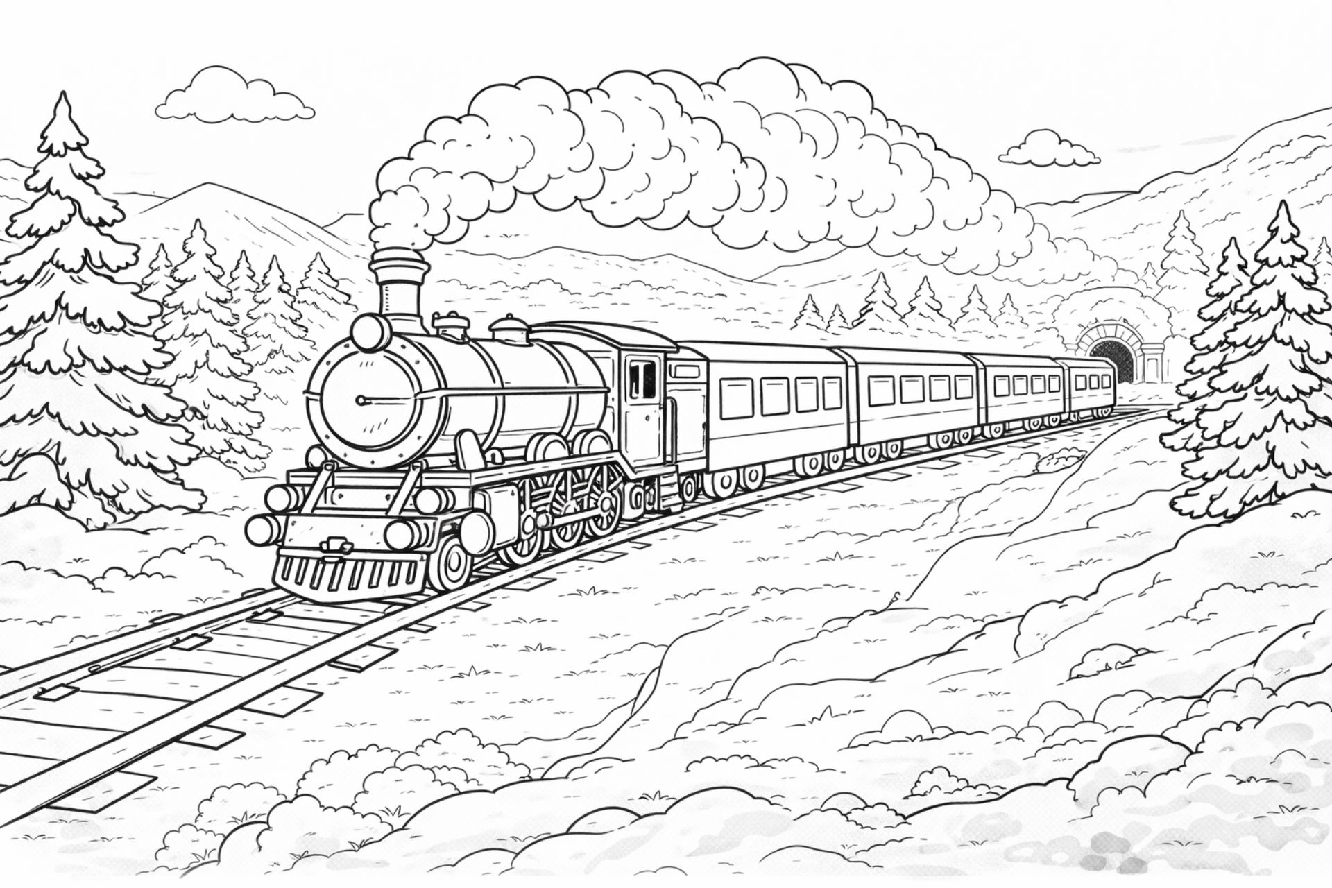 Zug in verschneiter Winterlandschaft – Ausmalbild für Kinder ab 6 Jahren
