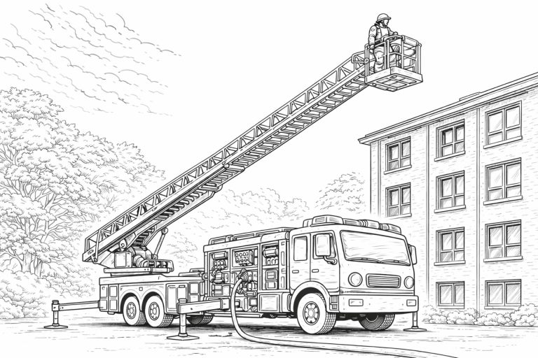 Drehleiter mit Feuerwehrmann – Ausmalbild für Kinder ab 8 Jahren