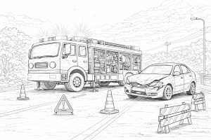 Feuerwehr sichert Unfallstelle – Ausmalbild für Kinder ab 8 Jahren