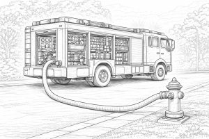 Feuerwehrfahrzeug an Hydrant – Ausmalbild für Kinder ab 8 Jahren