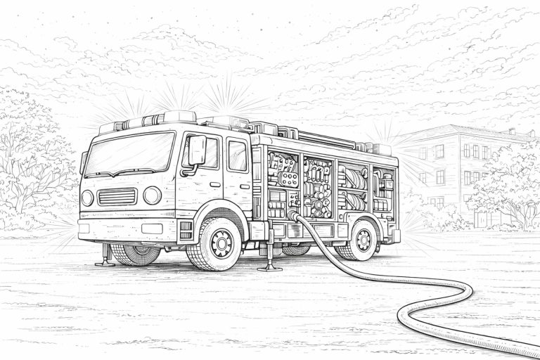Feuerwehrfahrzeug bei Nacht – Ausmalbild für Kinder ab 8 Jahren