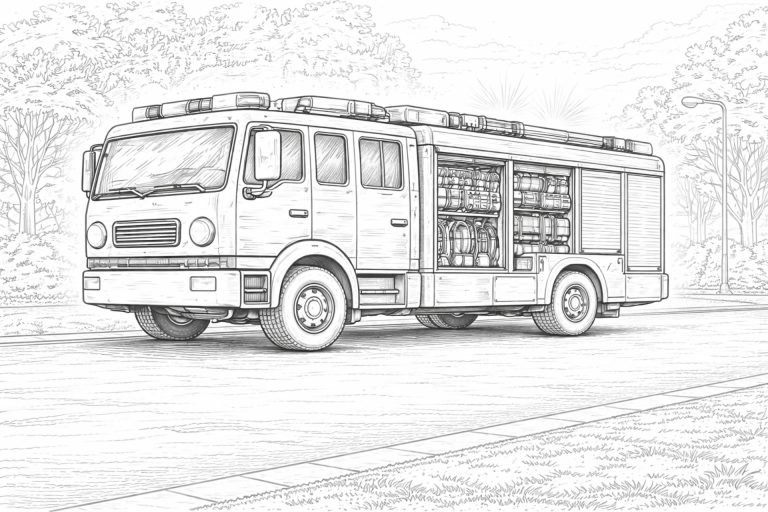 Feuerwehrfahrzeug nach dem Einsatz – Ausmalbild für Kinder ab 8 Jahren