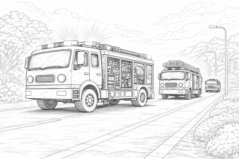 Feuerwehrfahrzeuge im Verband – Ausmalbild für Kinder ab 8 Jahren