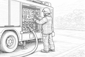 Feuerwehrmann bedient Pumpe – Ausmalbild für Kinder ab 8 Jahren