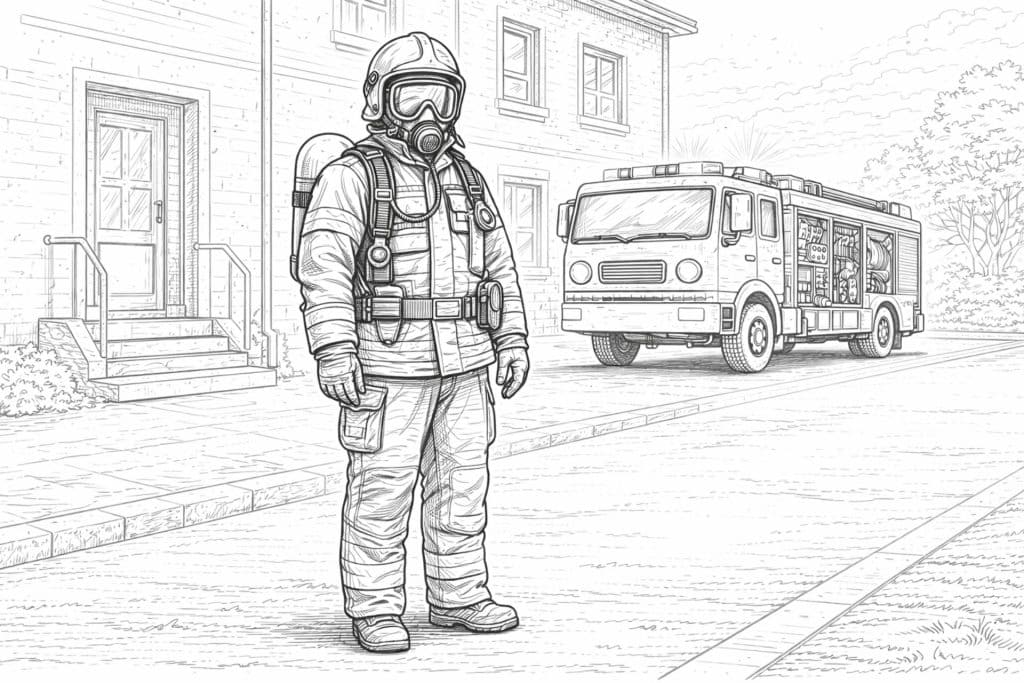 Feuerwehrmann mit Atemschutz – Ausmalbild für Kinder ab 8 Jahren