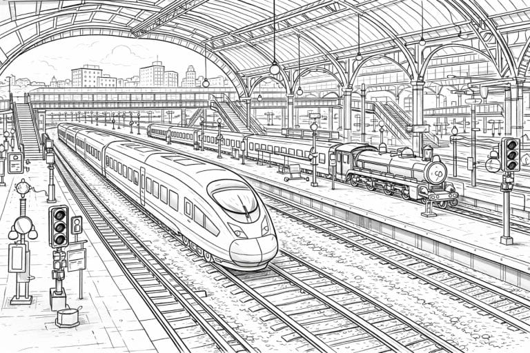 Großer Hauptbahnhof mit Zügen – Ausmalbild für Kinder ab 8 Jahren