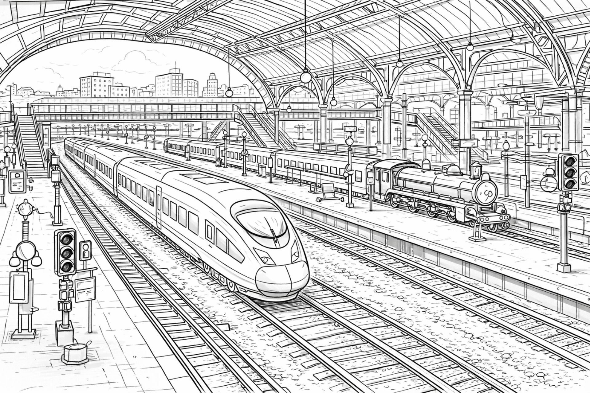 Großer Hauptbahnhof mit Zügen – Ausmalbild für Kinder ab 8 Jahren