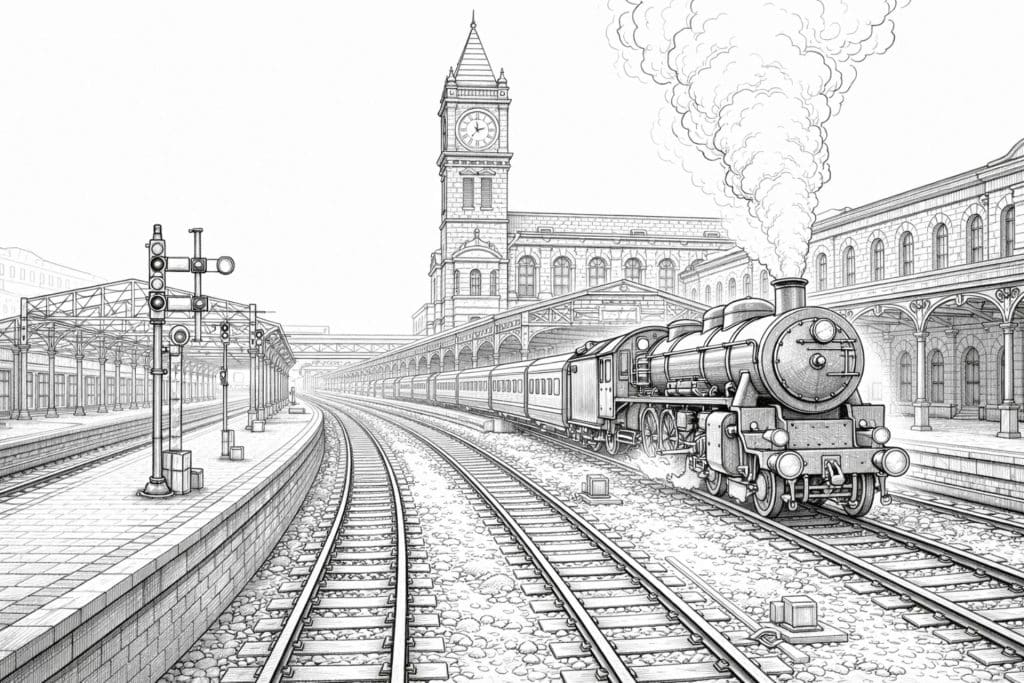 Historischer Bahnhof mit Dampflok – Ausmalbild für Kinder ab 8 Jahren