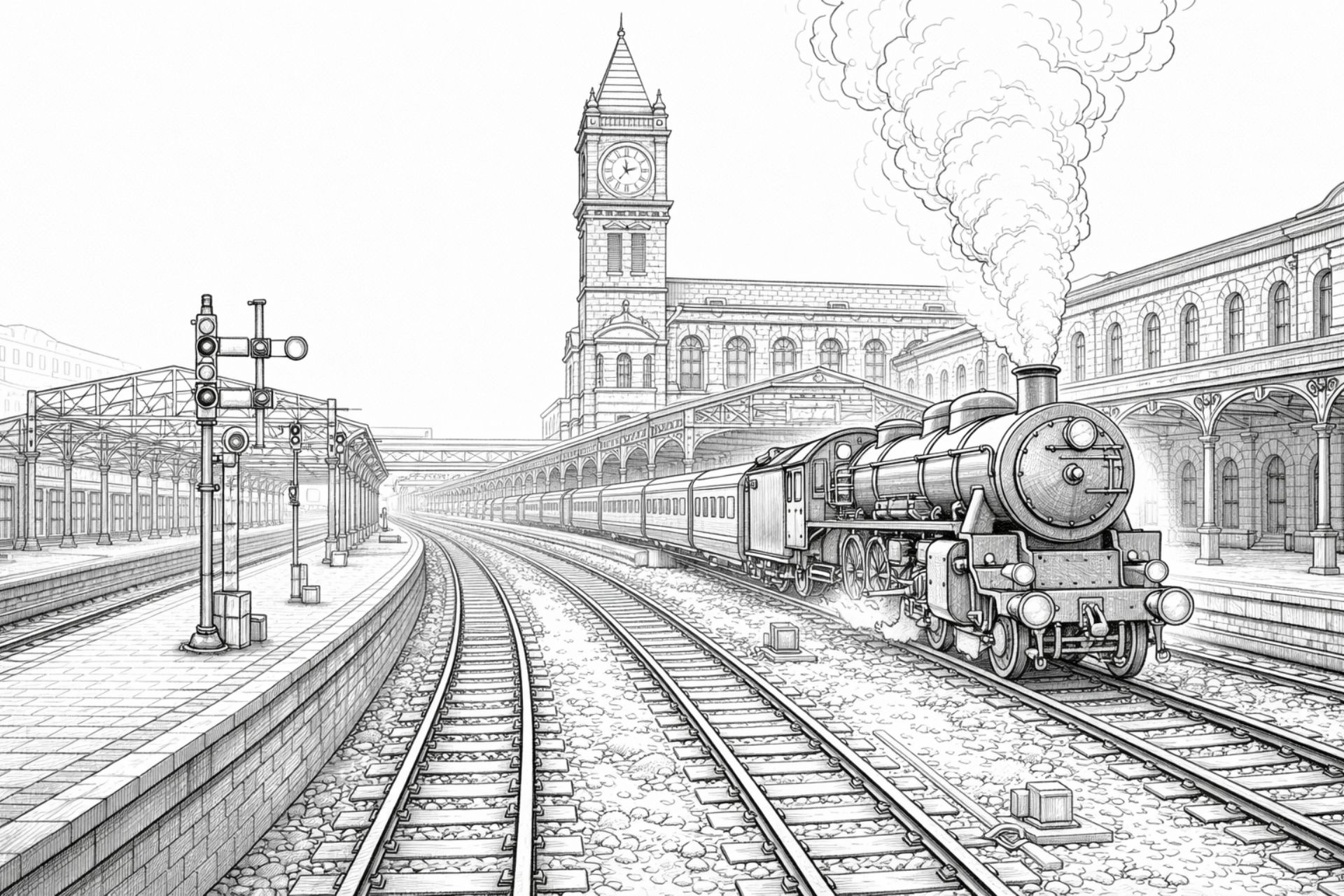 Historischer Bahnhof mit Dampflok – Ausmalbild für Kinder ab 8 Jahren