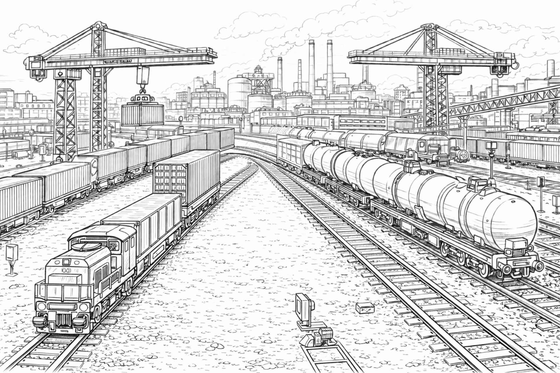 Industriebahnhof mit Güterzügen – Ausmalbild für Kinder ab 8 Jahren