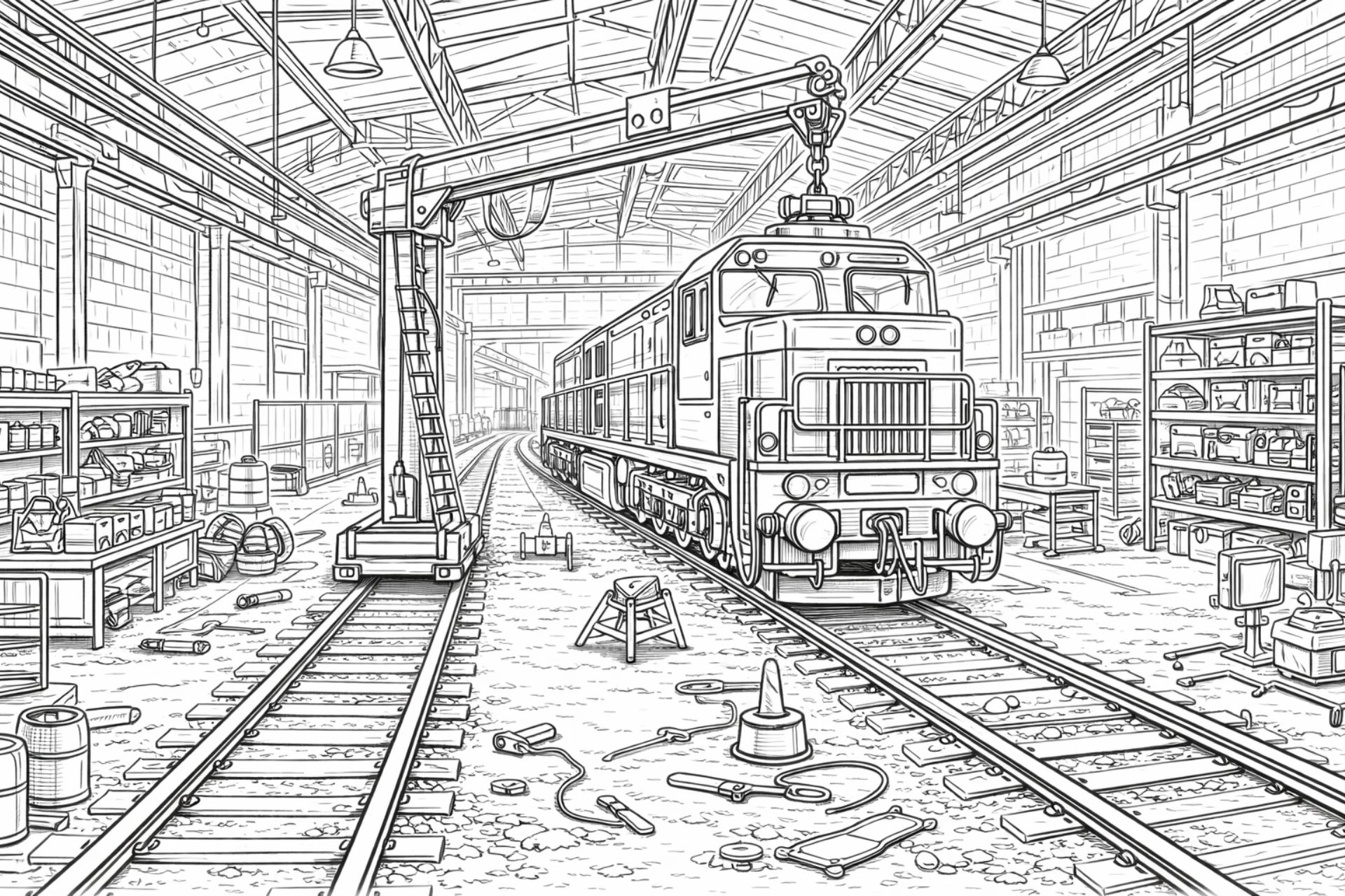 Lokschuppen mit Zugwartung – Ausmalbild für Kinder ab 8 Jahren