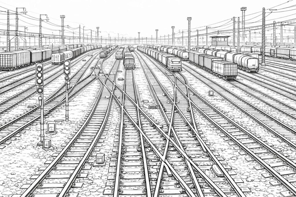 Rangierbahnhof mit Weichen – Ausmalbild für Kinder ab 8 Jahren