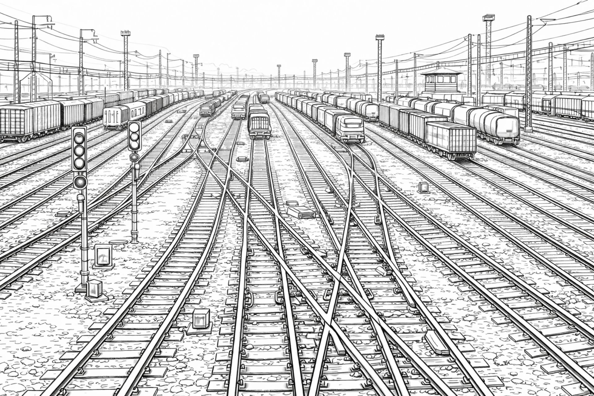 Rangierbahnhof mit Weichen – Ausmalbild für Kinder ab 8 Jahren