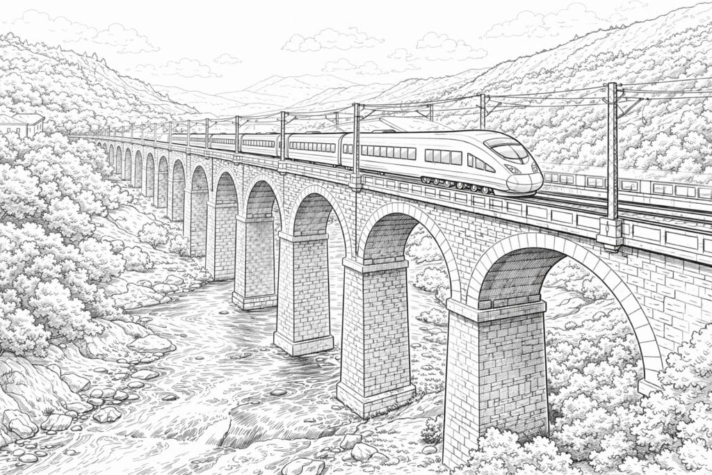 Zug auf Viadukt-Brücke – Ausmalbild für Kinder ab 8 Jahren