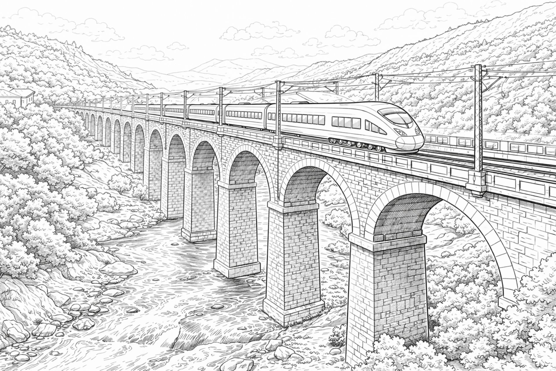 Zug auf Viadukt-Brücke – Ausmalbild für Kinder ab 8 Jahren