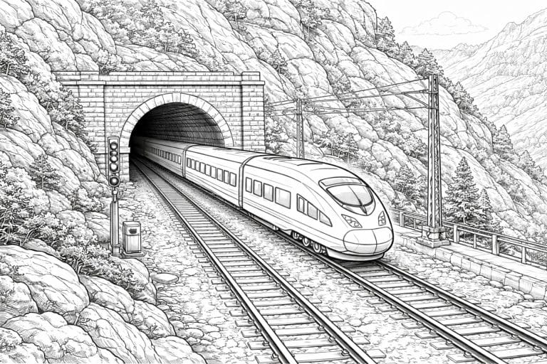 Zug im Gebirge mit Tunnel – Ausmalbild für Kinder ab 8 Jahren